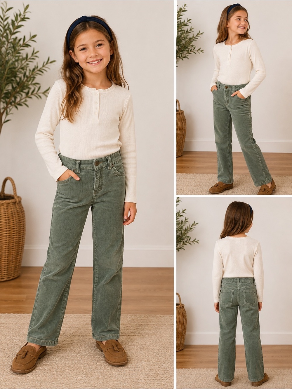 Kids Olive Green Corduroy Wide-Leg Pants